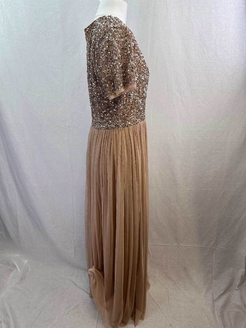 Maya Deluxe Nude Sequin Long Prom Evening Dress Size 12 Excellent Condition