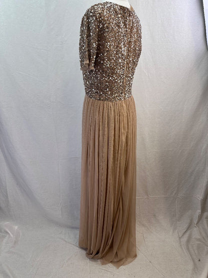 Maya Deluxe Nude Sequin Long Prom Evening Dress Size 12 Excellent Condition