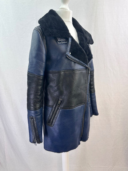 Urbancode London Faux Leather Blue Black Coat Size 8 GC