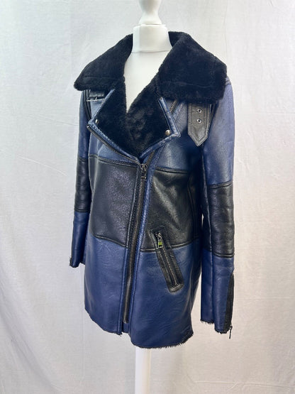 Urbancode London Faux Leather Blue Black Coat Size 8 GC