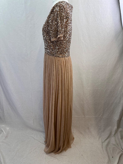 Maya Deluxe Nude Sequin Long Prom Evening Dress Size 12 Excellent Condition