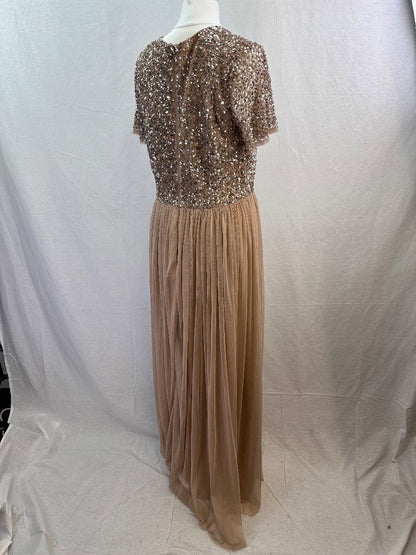 Maya Deluxe Nude Sequin Long Prom Evening Dress Size 12 Excellent Condition