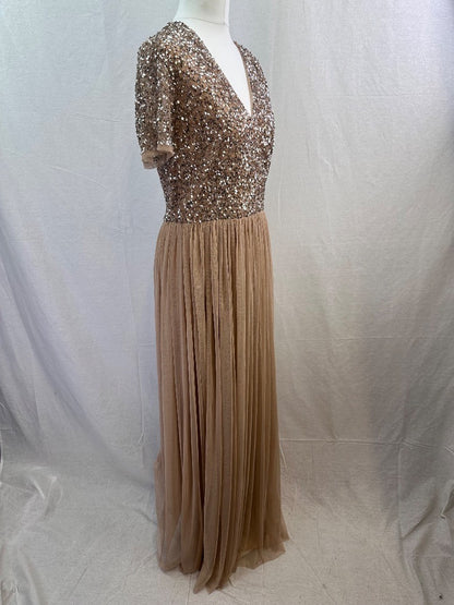 Maya Deluxe Nude Sequin Long Prom Evening Dress Size 12 Excellent Condition