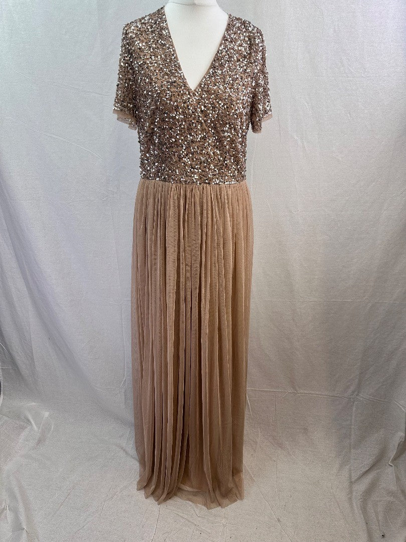 Maya Deluxe Nude Sequin Long Prom Evening Dress Size 12 Excellent Condition