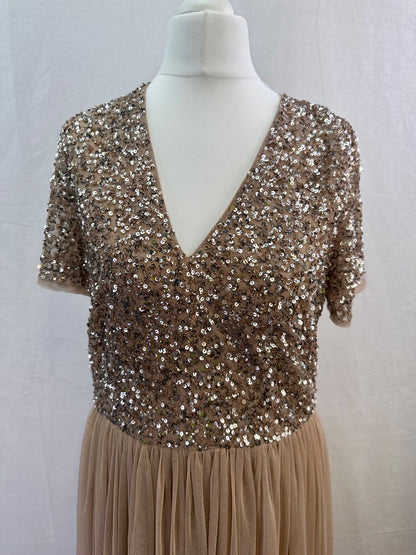 Maya Deluxe Nude Sequin Long Prom Evening Dress Size 12 Excellent Condition