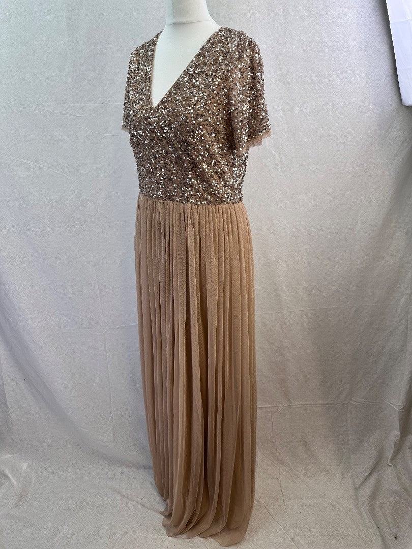 Maya Deluxe Nude Sequin Long Prom Evening Dress Size 12 Excellent Condition