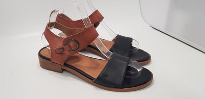 Barbour Lucy Leather Tan Black Sandals with Buckle Size UK 6 Nearly New