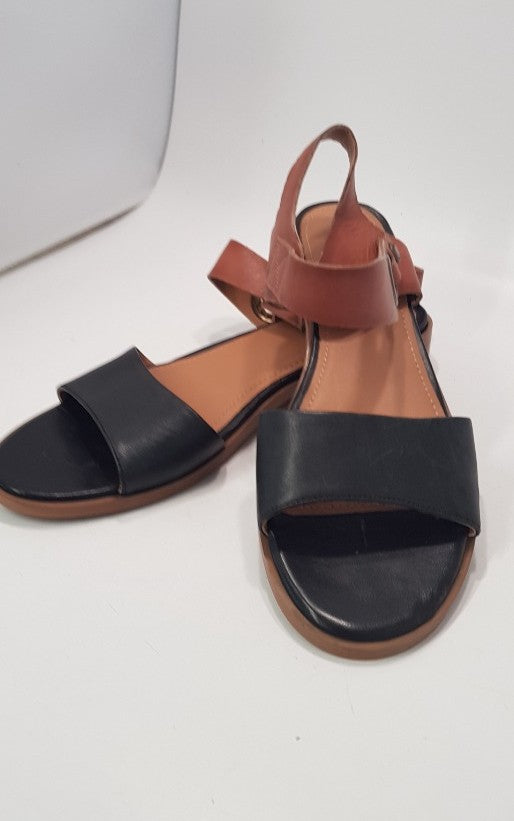 Barbour Lucy Leather Tan Black Sandals with Buckle Size UK 6 Nearly New