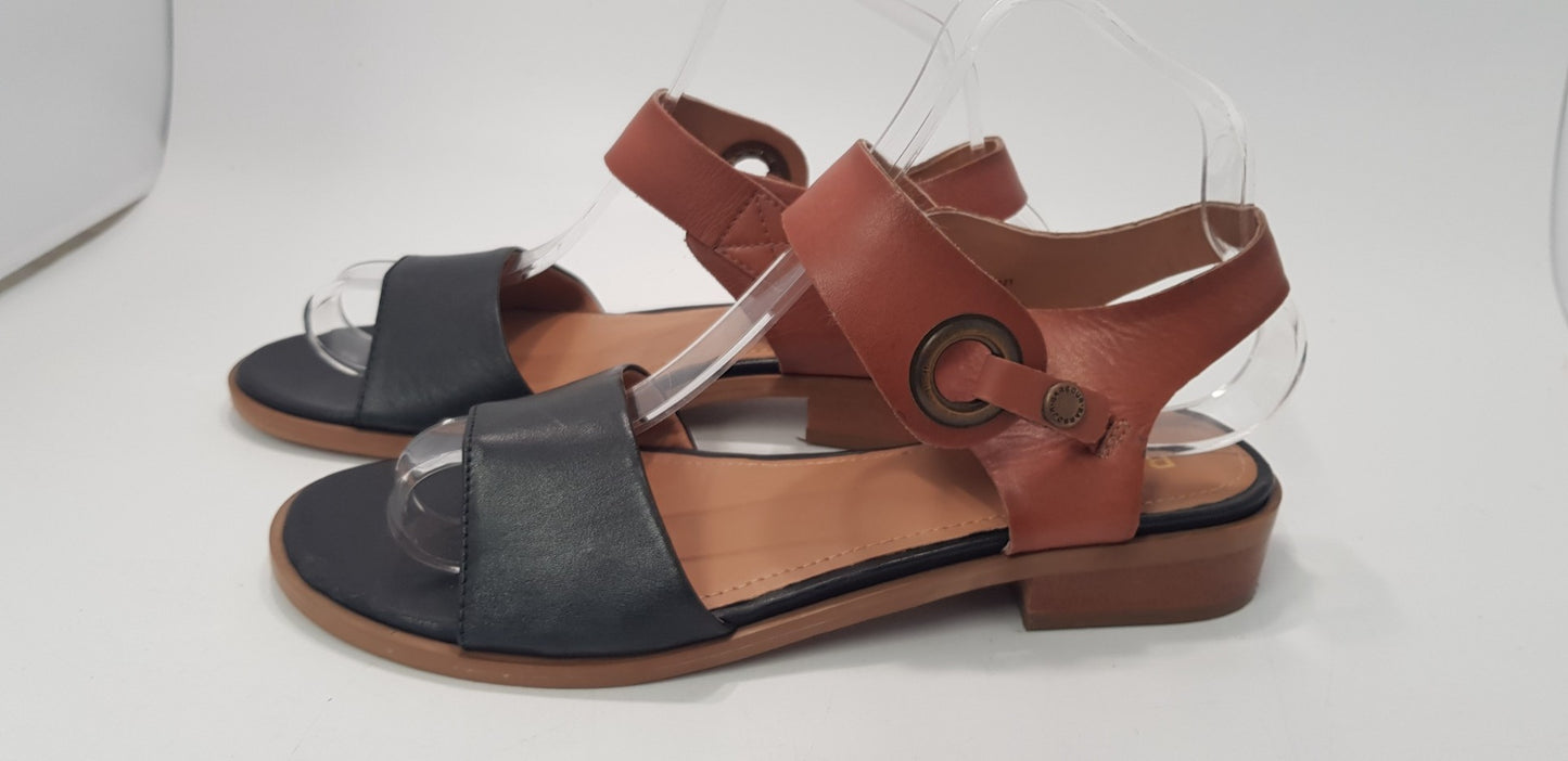 Barbour Lucy Leather Tan Black Sandals with Buckle Size UK 6 Nearly New