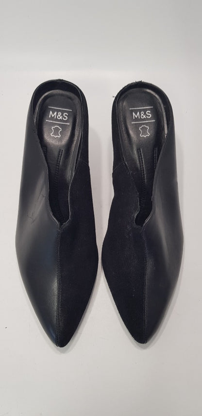 M&S Black Leather Slip On Heels Size 5.5 / Euro 39 Brand New No Box