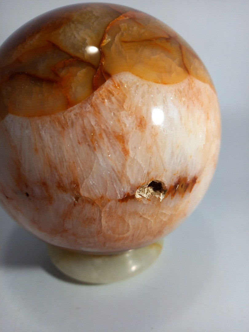 Carnelian Crystal Polished Sphere 5" Decor on Green Onyx Stand