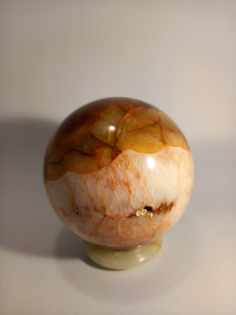 Carnelian Crystal Polished Sphere 5" Decor on Green Onyx Stand