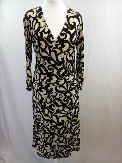 Phase Eight Wraparound Black & Cream Abstract Patterned Ladies Dress - Size UK 8