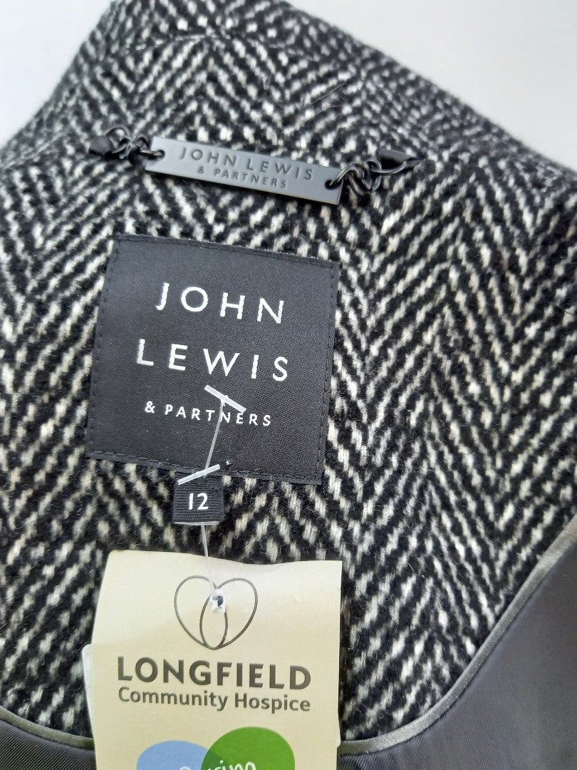 John Lewis Herringbone Black & White Double Breasted Coat - Size UK 12