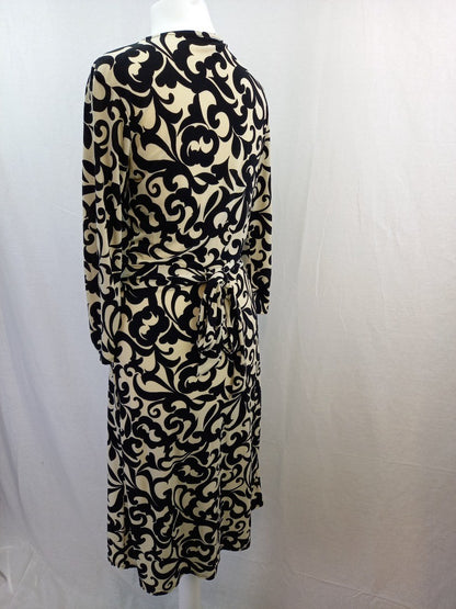 Phase Eight Wraparound Black & Cream Abstract Patterned Ladies Dress - Size UK 8