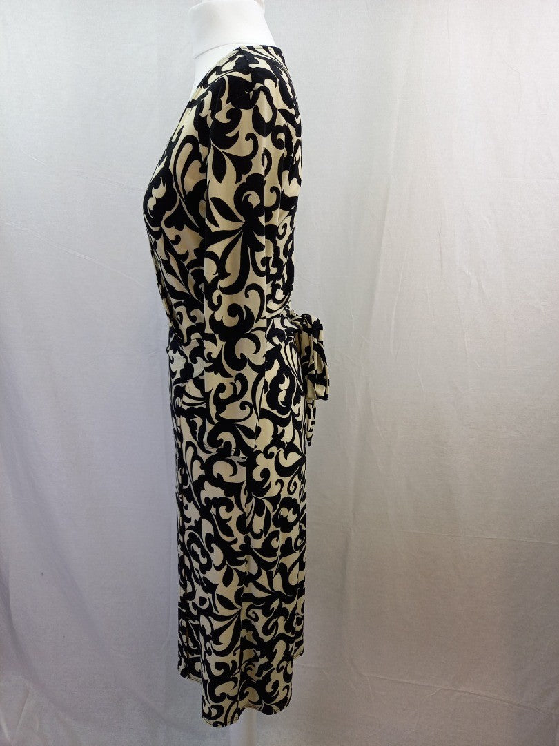 Phase Eight Wraparound Black & Cream Abstract Patterned Ladies Dress - Size UK 8