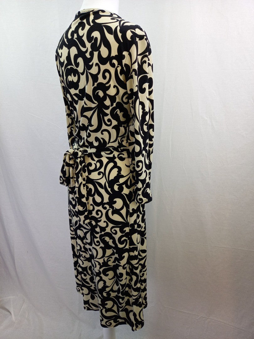 Phase Eight Wraparound Black & Cream Abstract Patterned Ladies Dress - Size UK 8