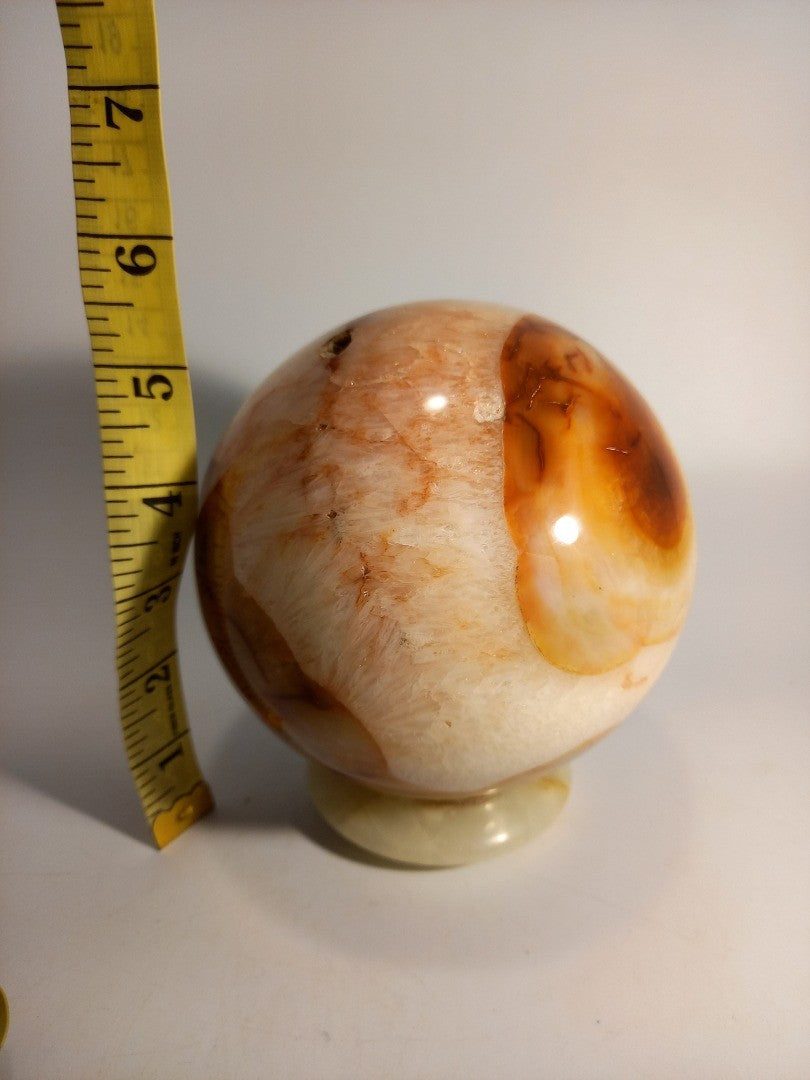 Carnelian Crystal Polished Sphere 5" Decor on Green Onyx Stand