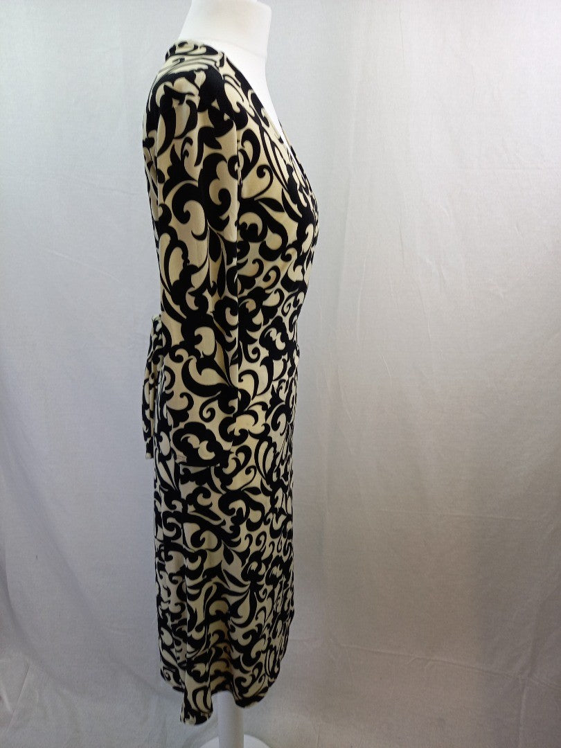 Phase Eight Wraparound Black & Cream Abstract Patterned Ladies Dress - Size UK 8