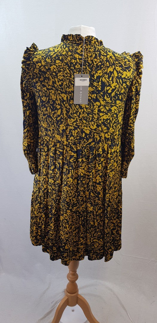 Oliver Bonas Yellow Black Stretchy Knee Length Dress Size 12 BNWT