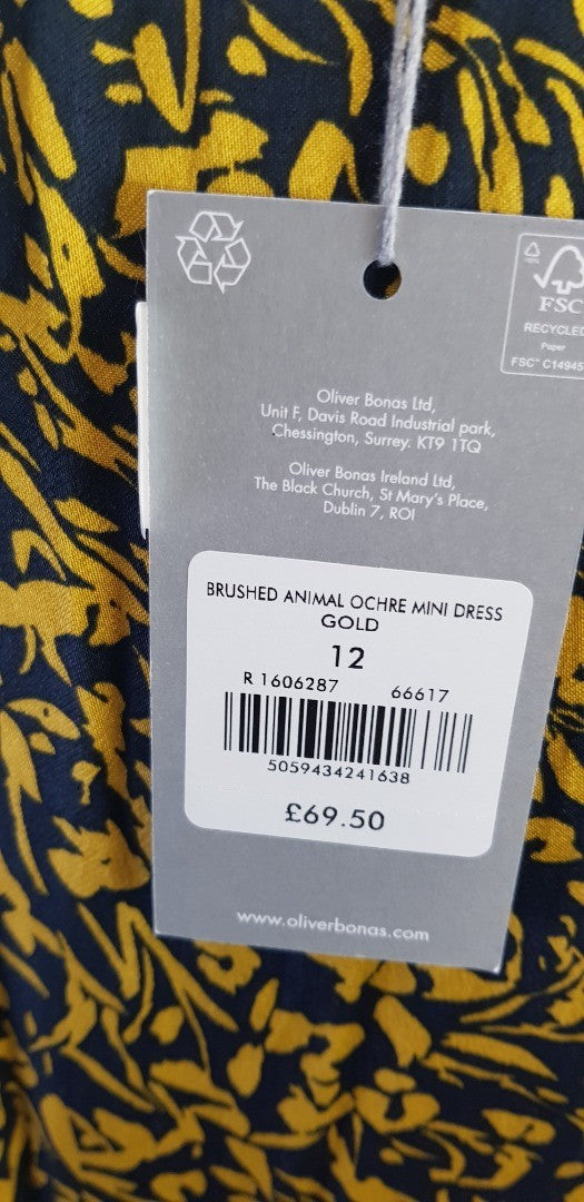 Oliver Bonas Yellow Black Stretchy Knee Length Dress Size 12 BNWT