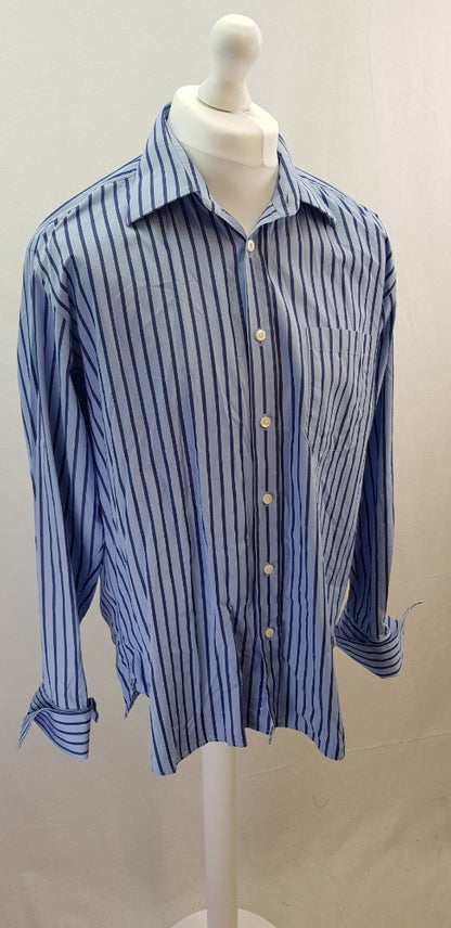 Seaward & Stearn Blue Striped Dress Shirt Size 17/43 Excellent Condition