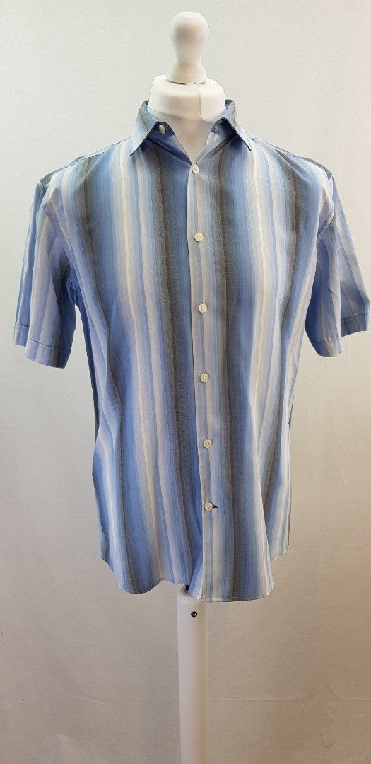 M&S Men's Blue Harbour Striped Blue Short Sleeve Shirt Size M Excellent Condition