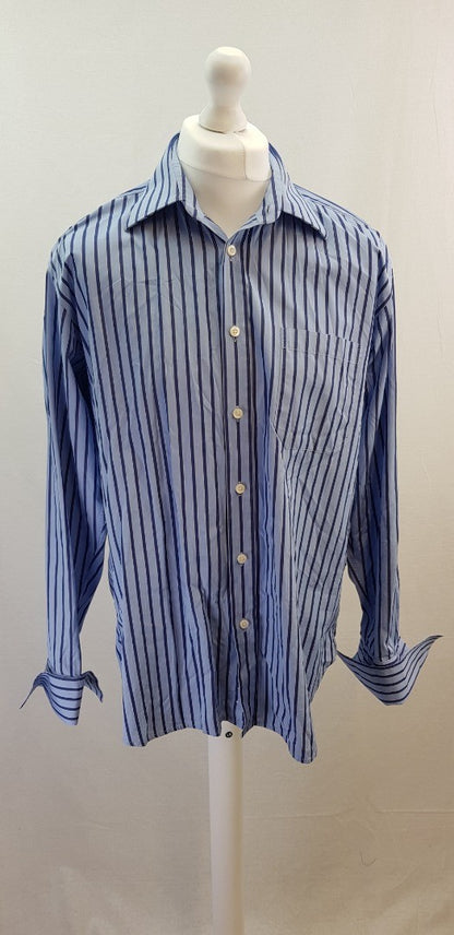 Seaward & Stearn Blue Striped Dress Shirt Size 17/43 Excellent Condition