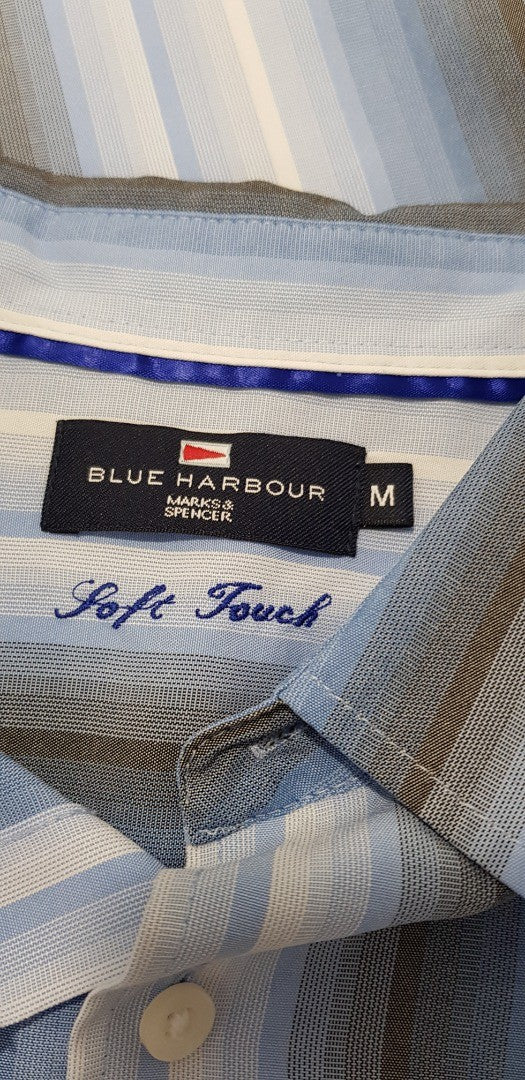 M&S Men's Blue Harbour Striped Blue Short Sleeve Shirt Size M Excellent Condition