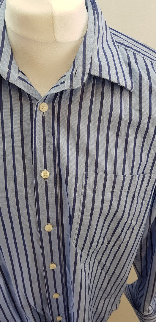 Seaward & Stearn Blue Striped Dress Shirt Size 17/43 Excellent Condition