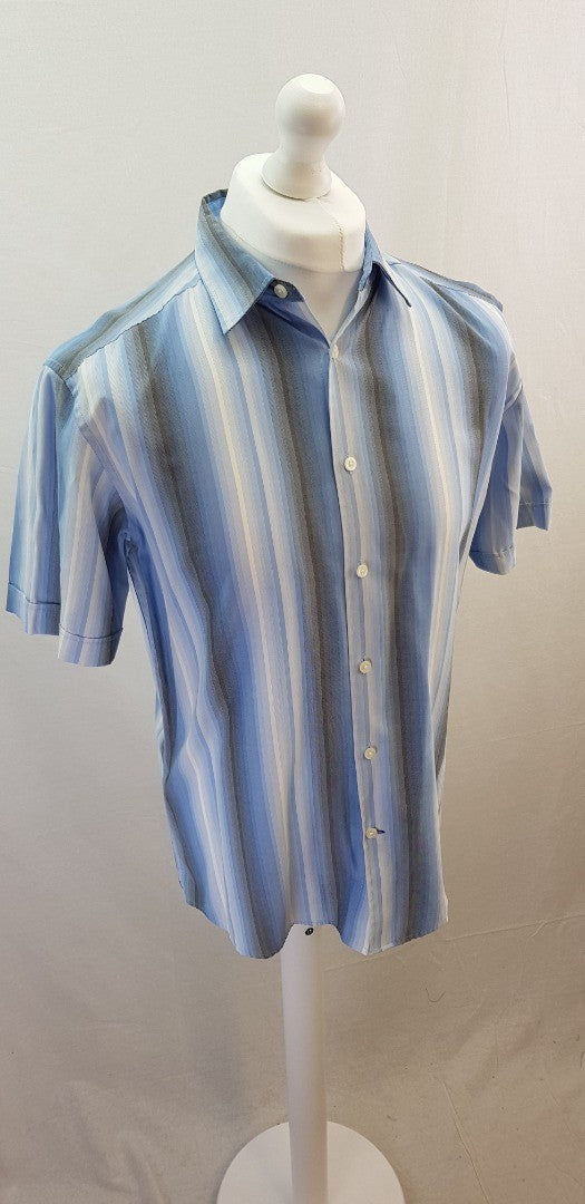 M&S Men's Blue Harbour Striped Blue Short Sleeve Shirt Size M Excellent Condition