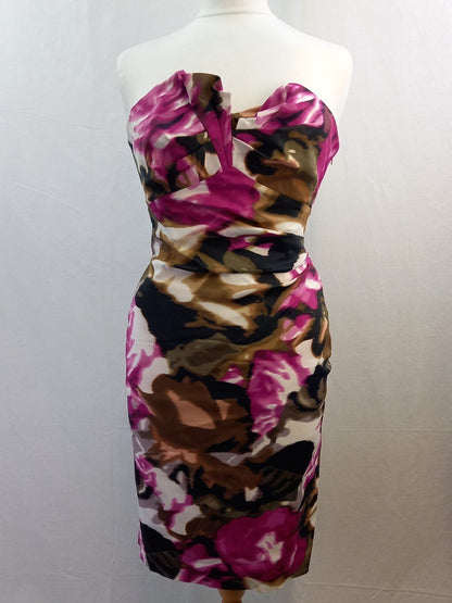 Karen Millen Pink Floral Strapless Pencil Knee Length Dress - Size UK 14