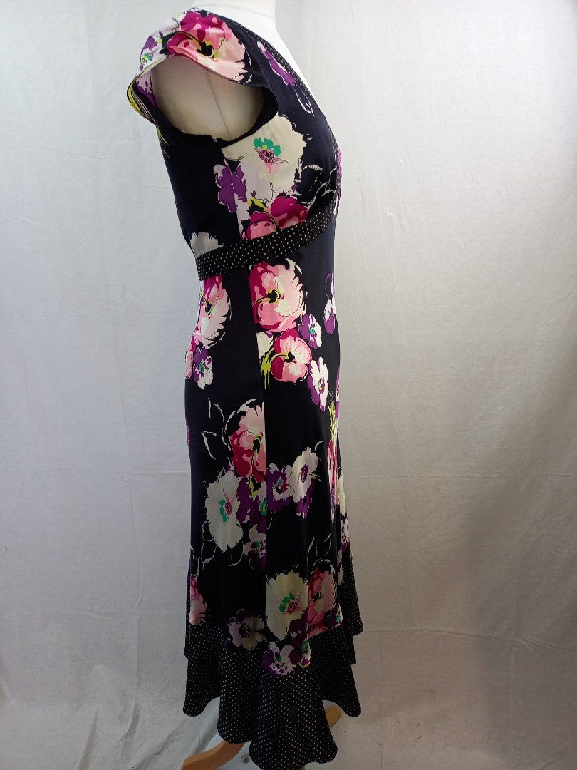 Laura Ashley Black Floral Silk Satin Midi Dress - Size UK 12