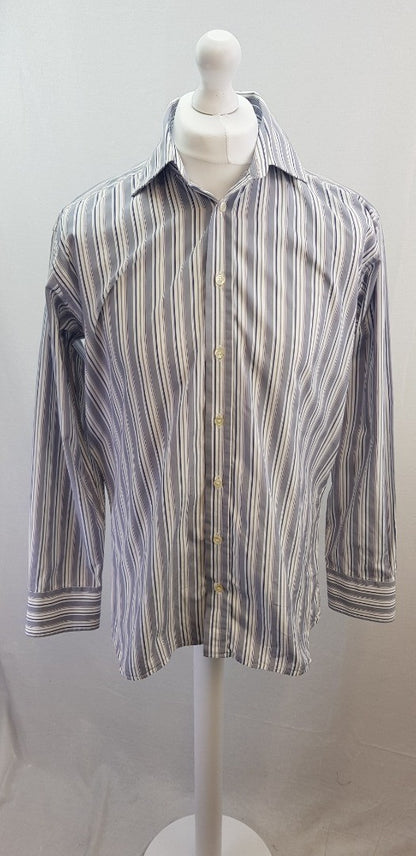 M&S Men's Grey White Striped Long Sleeve Shirt Size 16" Excellent Condition