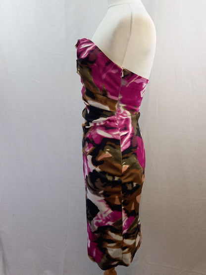 Karen Millen Pink Floral Strapless Pencil Knee Length Dress - Size UK 14