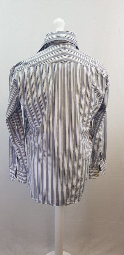 M&S Men's Grey White Striped Long Sleeve Shirt Size 16" Excellent Condition