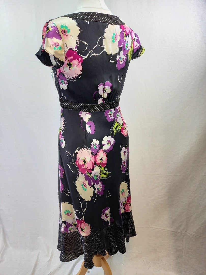 Laura Ashley Black Floral Silk Satin Midi Dress - Size UK 12