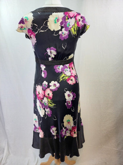 Laura Ashley Black Floral Silk Satin Midi Dress - Size UK 12