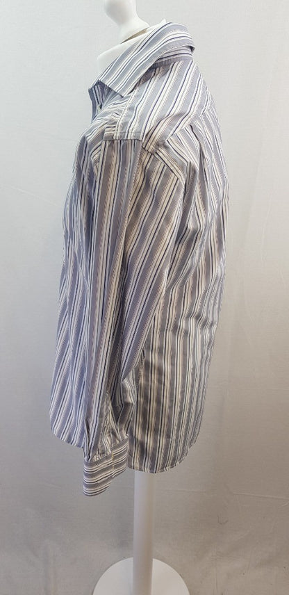 M&S Men's Grey White Striped Long Sleeve Shirt Size 16" Excellent Condition