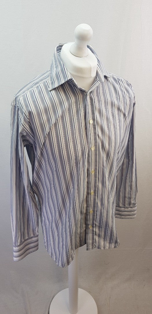 M&S Men's Grey White Striped Long Sleeve Shirt Size 16" Excellent Condition