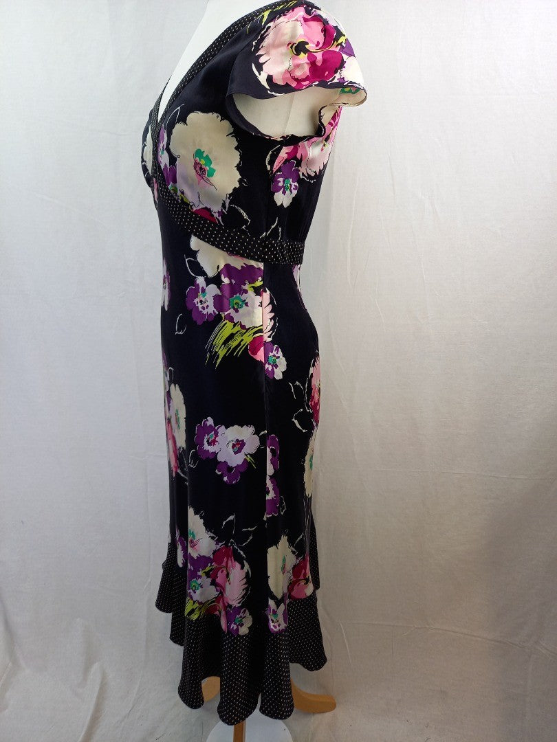 Laura Ashley Black Floral Silk Satin Midi Dress - Size UK 12