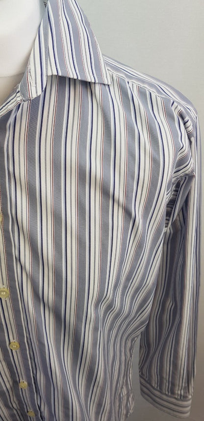 M&S Men's Grey White Striped Long Sleeve Shirt Size 16" Excellent Condition