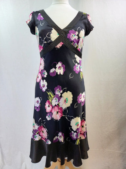 Laura Ashley Black Floral Silk Satin Midi Dress - Size UK 12