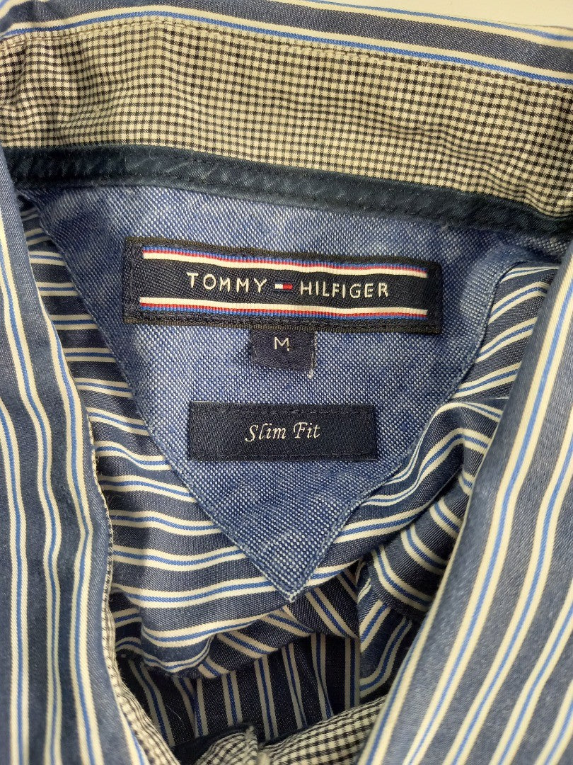 Tommy Hilfiger Blue Pinstriped Slim Fit Long Sleeve Shirt - Size M