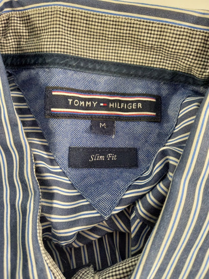 Tommy Hilfiger Blue Pinstriped Slim Fit Long Sleeve Shirt - Size M