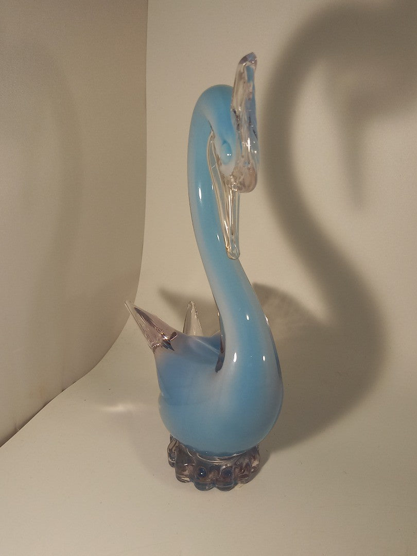 Oball Murano Glass Blue & Opalescent White Cased Glass Swan Sculpture - 9.6"