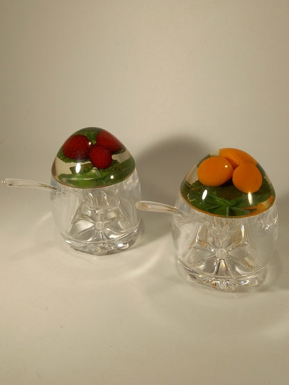 Lucite Pair of Clear Fruit Jam / Preserve Retro Vintage Pots & Spoons