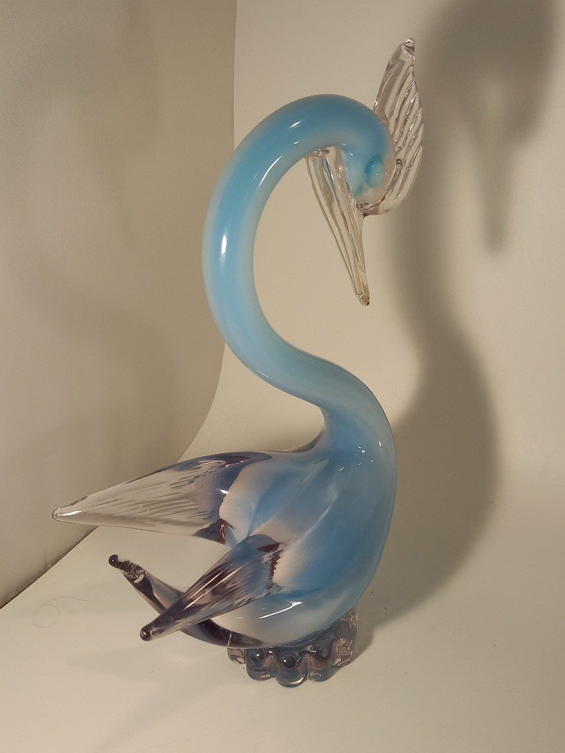 Oball Murano Glass Blue & Opalescent White Cased Glass Swan Sculpture - 9.6"