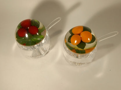 Lucite Pair of Clear Fruit Jam / Preserve Retro Vintage Pots & Spoons