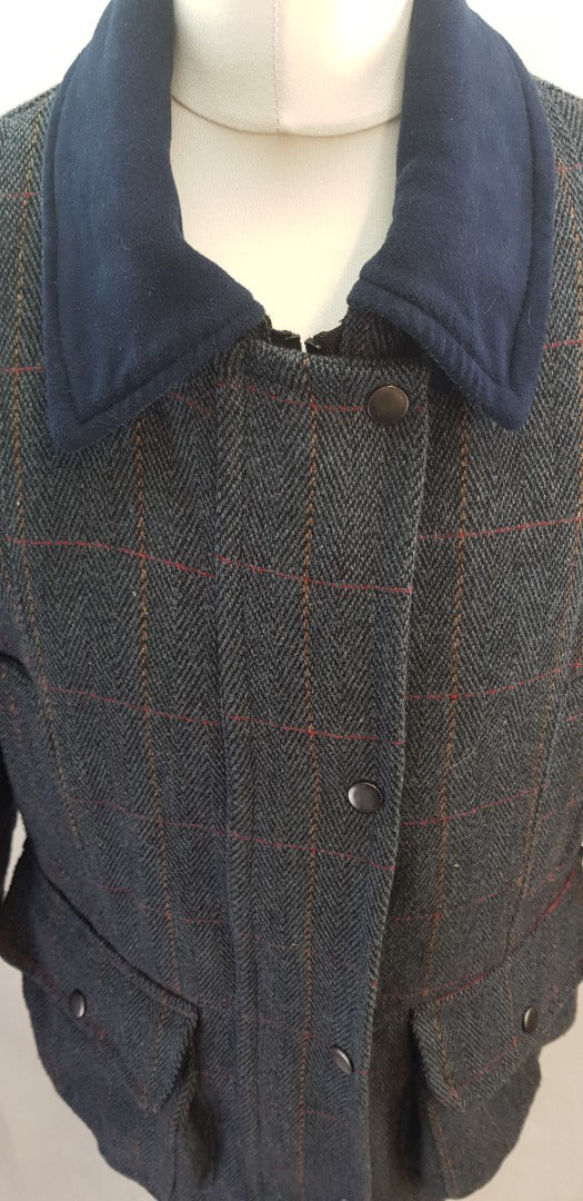 Made in England Blue Wool Mix Tweed Collared Padded Lined Jacket Size 12 VGC